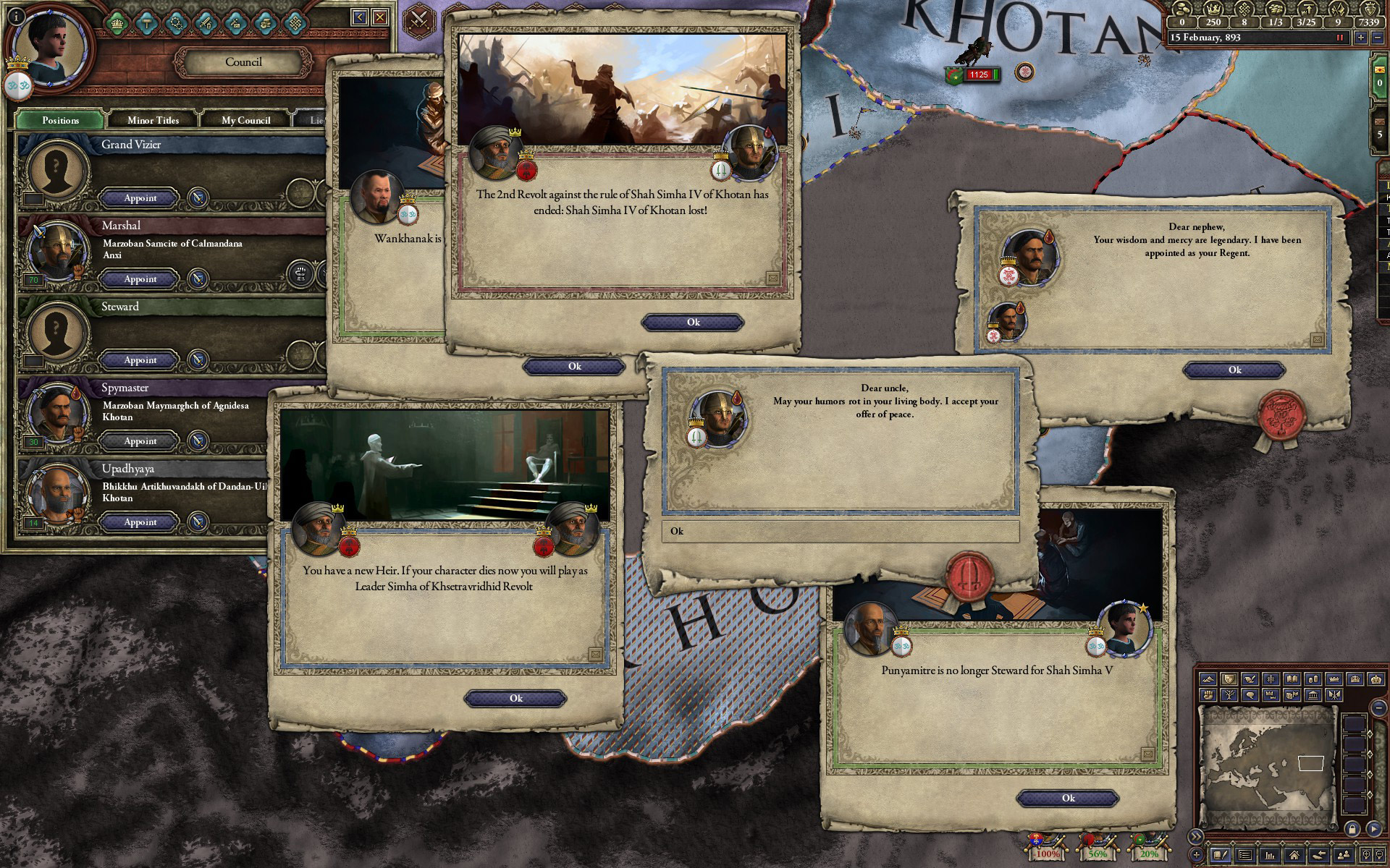 Crusader Kings 2, with a bunch of windows open because my pervious character died and everything immediately went to hell. This is why I love Crusader Kings.
